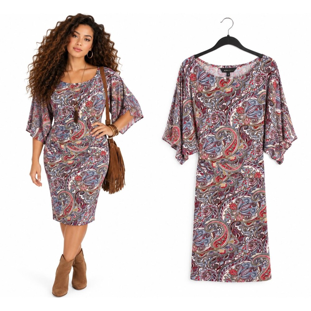 BCBGMAXAZRIA Paisley Dress Medium Tie Waist Dolman Sleeve Stretch Jersey